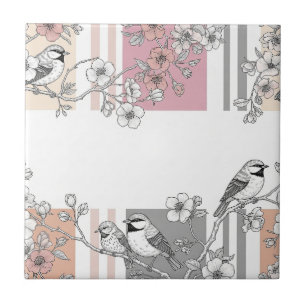 Peach Stripe Floral Bird Elegant (10) Ceramic Tile