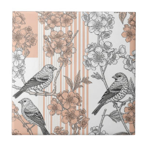 Peach Stripe Floral Bird Elegant (1) Ceramic Tile