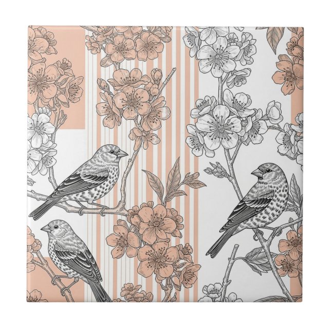 Peach Stripe Floral Bird Elegant (1) Ceramic Tile (Front)