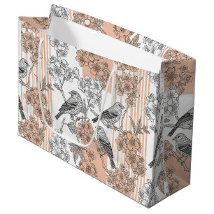 Peach Stripe Floral Bird Elegant (1) Large Gift Bag