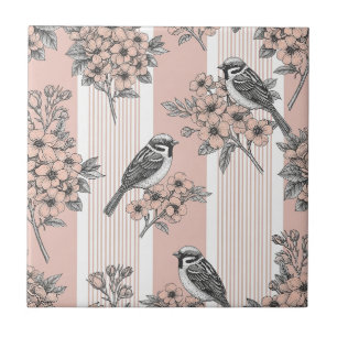 Peach Stripe Floral Bird Elegant (2) Ceramic Tile