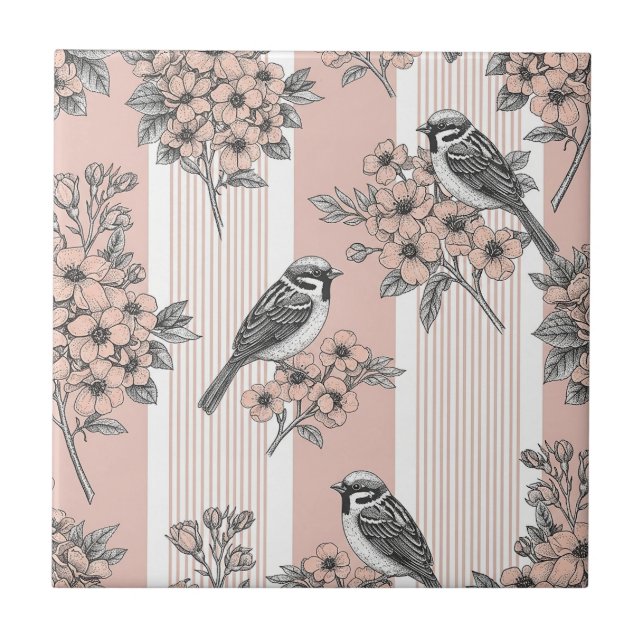 Peach Stripe Floral Bird Elegant (2) Ceramic Tile (Front)
