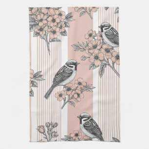 Peach Stripe Floral Bird Elegant (2) Tea Towel