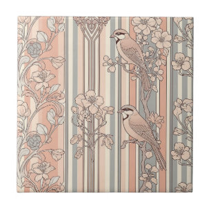 Peach Stripe Floral Bird Elegant (3) Ceramic Tile