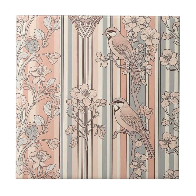 Peach Stripe Floral Bird Elegant (3) Ceramic Tile (Front)