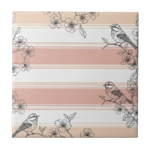 Peach Stripe Floral Bird Elegant (4) Ceramic Tile