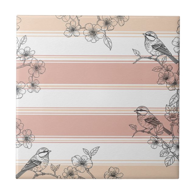 Peach Stripe Floral Bird Elegant (4) Ceramic Tile (Front)