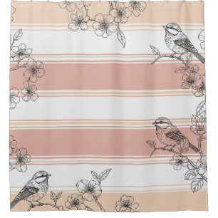 Peach Stripe Floral Bird Elegant (4) Shower Curtain