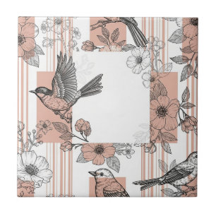 Peach Stripe Floral Bird Elegant (5) Ceramic Tile
