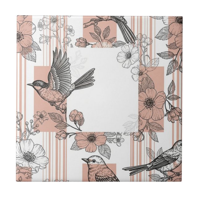 Peach Stripe Floral Bird Elegant (5) Ceramic Tile (Front)