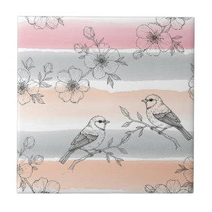 Peach Stripe Floral Bird Elegant (6) Ceramic Tile