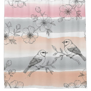 Peach Stripe Floral Bird Elegant (6) Shower Curtain