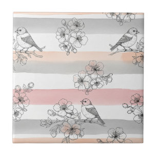 Peach Stripe Floral Bird Elegant (7) Ceramic Tile
