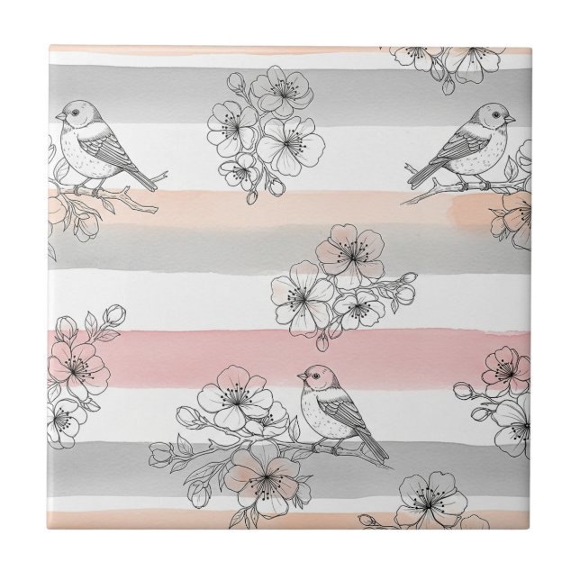Peach Stripe Floral Bird Elegant (7) Ceramic Tile (Front)