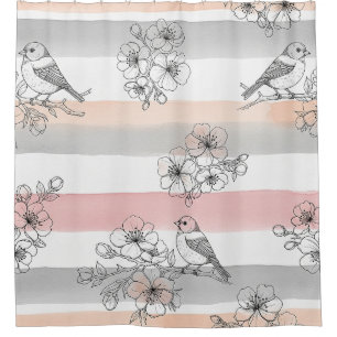 Peach Stripe Floral Bird Elegant (7) Shower Curtain