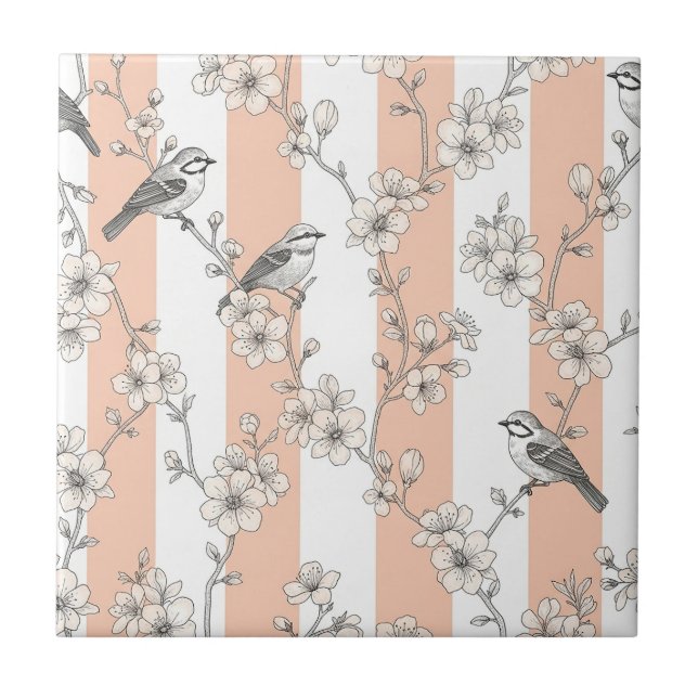 Peach Stripe Floral Bird Elegant (8) Ceramic Tile (Front)
