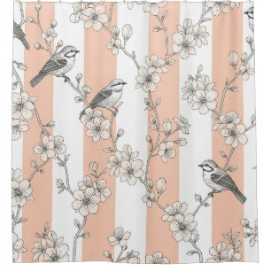 Peach Stripe Floral Bird Elegant (8) Shower Curtain