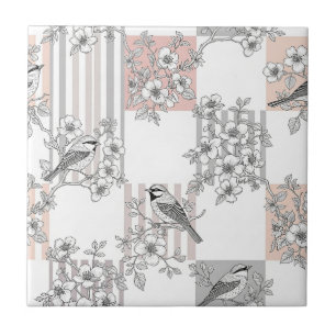 Peach Stripe Floral Bird Elegant (9) Ceramic Tile