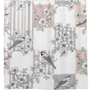 Peach Stripe Floral Bird Elegant (9) Shower Curtain