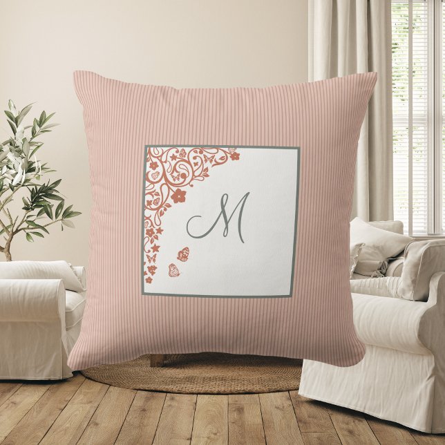 Peach Stripe Terracotta Butterfly Script Monogram Cushion (Creator Uploaded)