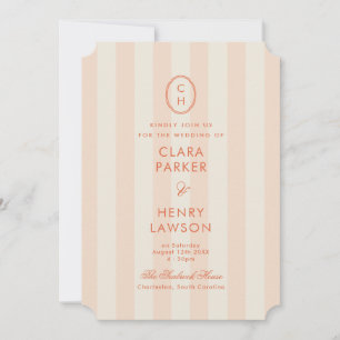 Peach Striped Monogram Die-Cut Wedding Invite