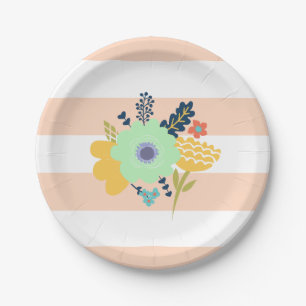 Peach striped paper plate with flowers