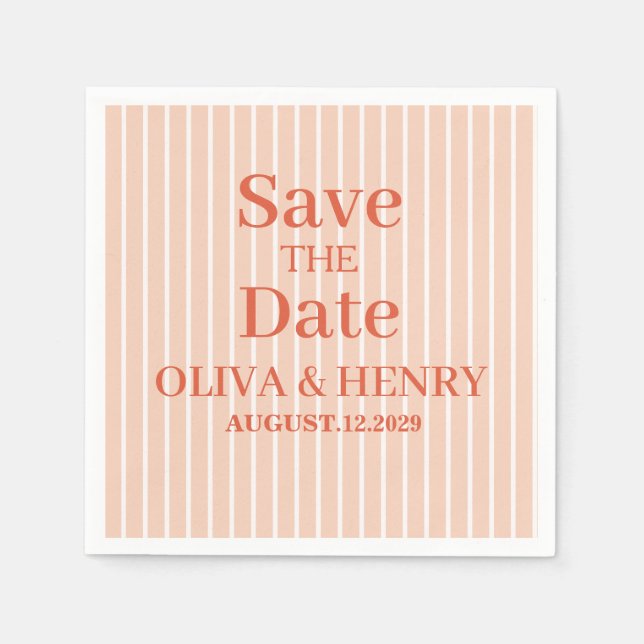 PEACH STRIPES STYLISH SIMPLE SCRIPT SAVE THE DATE NAPKIN (Front)