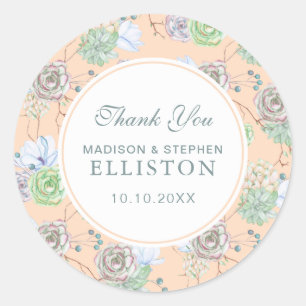 Peach Succulents Floral Watercolor   Thank You Classic Round Sticker