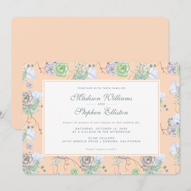 Peach Succulents Floral Watercolor - Wedding Invitation (Front/Back)