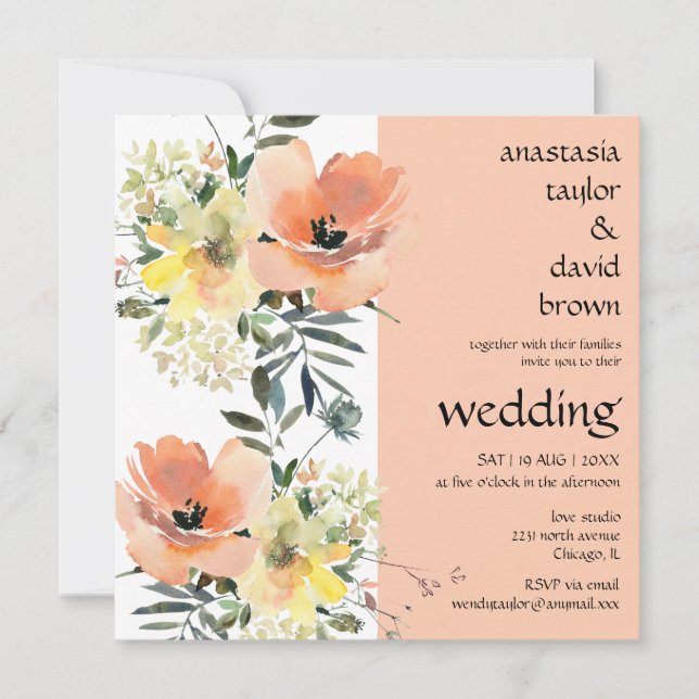  Peach Summer Floral Square Wedding Invitation (Front)