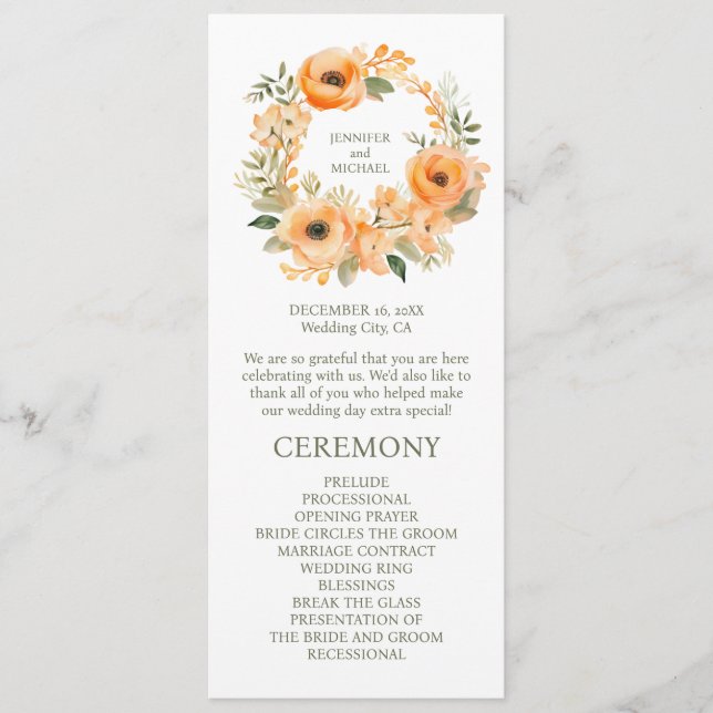 Peach Summer Wedding Ceremony Program (Front)