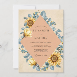 Peach Sunflower Eucalyptus Wedding Invitation