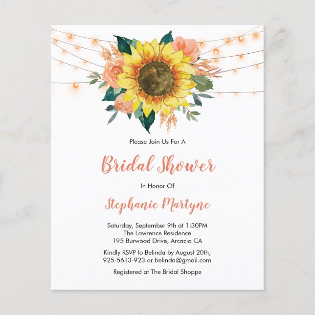 Peach Sunflower Lights Budget Bridal Shower Invite (Front)