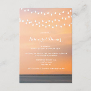 Peach sunset beach rehearsal dinner invitations
