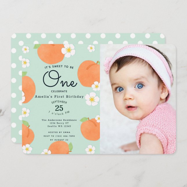 Peach Sweet to Be One 1st Birthday Photo Invitation (Front/Back)
