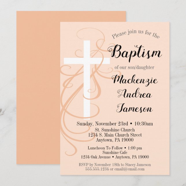 Peach Swirl Cross Baptism Invitation Girl Boy (Front/Back)