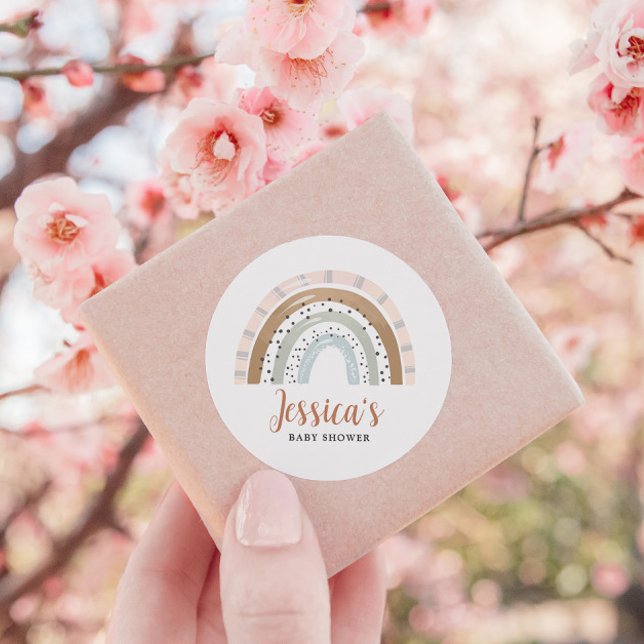 Peach Tan Sage Boho Rainbow Baby Shower Classic Round Sticker (Creator Uploaded)