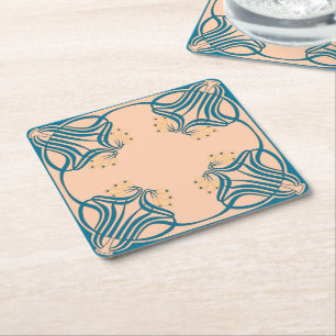 Peach Teal Art Nouveau Square Paper Coaster