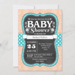 Peach Teal Chalkboard Floral Baby Shower Invite