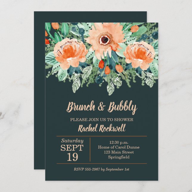 Peach Teal Floral Brunch Bridal Shower Invites (Front/Back)