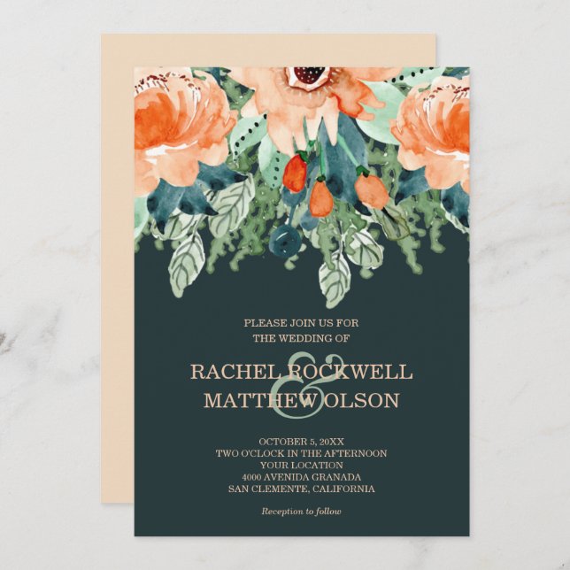 Peach Teal Floral Watercolor Wedding Invitations (Front/Back)