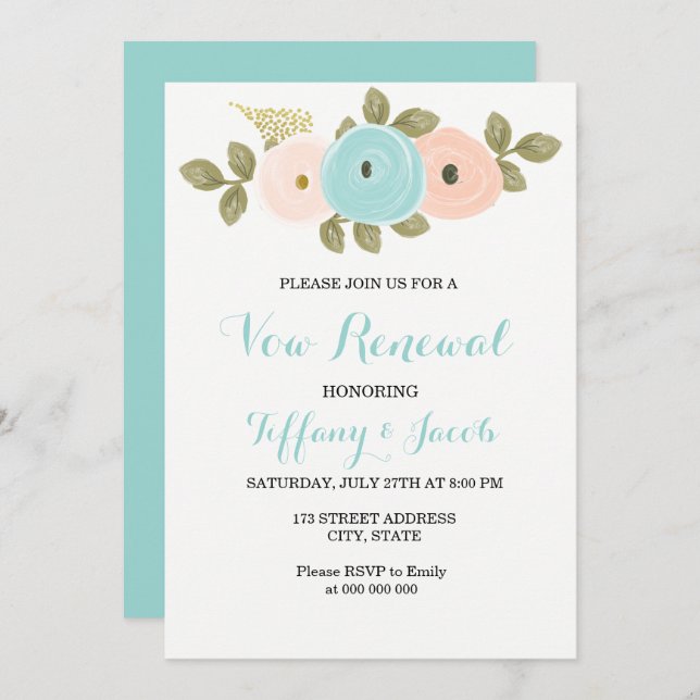 Peach Teal Flowers Vow Renewal Invitation (Front/Back)