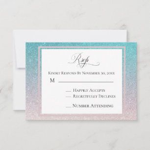 *~* Peach Teal Glitter Beach AR4 Wedding RSVP Card