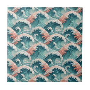 Peach & Teal Japanese Ocean Waves Seamless Pattern Ceramic Tile