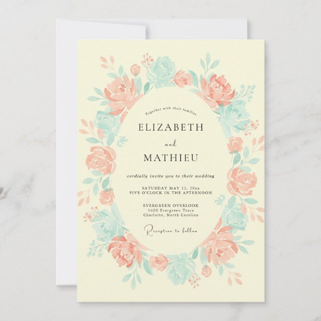 Peach Teal Pristine Spring Wedding Invitation (Front)