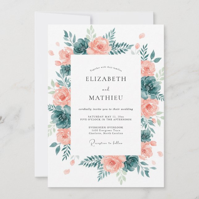 Peach Teal Romantic Watercolor Wedding Invitation (Front)