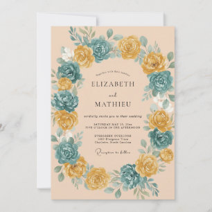 Peach Teal Rose Wreath Wedding Invitation