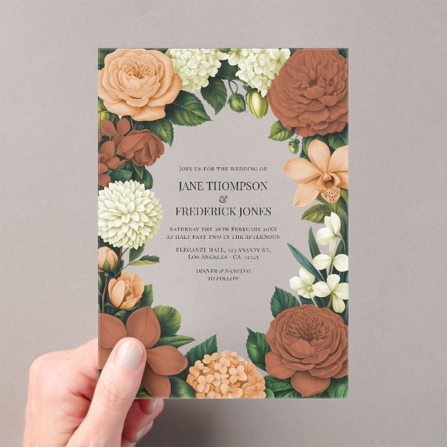 Peach, Terracotta & Cream Floral Wedding Acrylic Invitations (Insitu (Handheld))