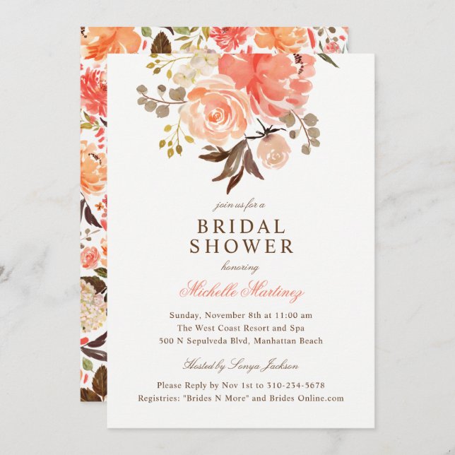 Peach Terracotta Orange Floral Bridal Shower Invitation (Front/Back)