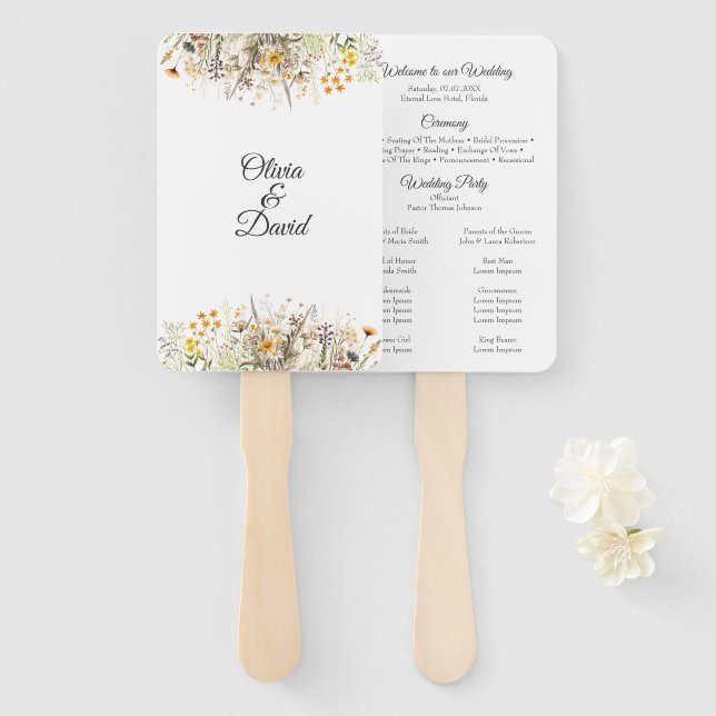 Peach Terracotta Wildflower Meadow Wedding Program Hand Fan (Front and Back)